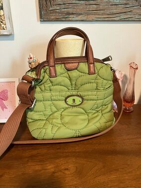 Vintage Fossil Key-Per Green Quilted Crossbody Bag with Brown Trim